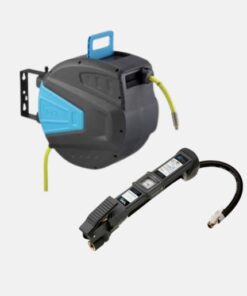 Product shot of the Air Hose Reel and Tyre Inflator Bundle with PCL's dark grey and blue air hose reel with bright yellow hose and the black PCL Airlite tyre inflator.