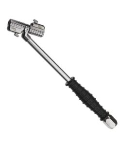 Product shot with a white background of PCL's Swivel Tyre Valve Connector with 1/4" female thread - a long silver connector with a black handle.