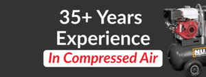 White text that reads: 35+ Years Experience in Compressed Air with a dark background and a picture of a black air compressor in the corner.