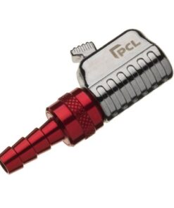 Product shot with a white background of the silver and red 8mm hose tailpiece closed end tyre valve connector from PCL