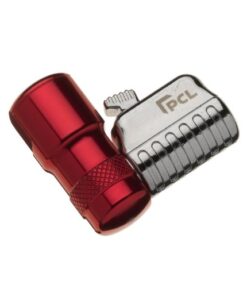 Product image with a white background of the Closed end Angled Tyre Valve Connector with Female 1/4" thread - silver and red design.