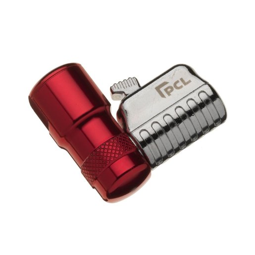 Product image with a white background of the Closed end Angled Tyre Valve Connector with Female 1/4" thread - silver and red design.