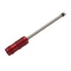 Product shot with a white background of a long tyre valve removal tool which looks a bit like a screwdriver with a red handle