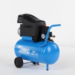 blue Abac Pole position L20 compressor with black case covering the belt drive and black wheels.