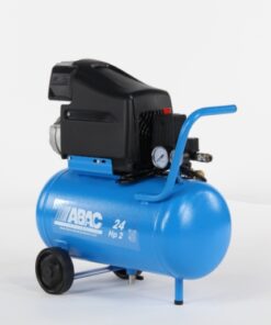 blue Abac Pole position L20 compressor with black case covering the belt drive and black wheels.