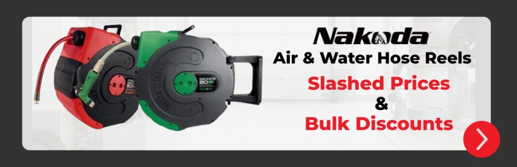 A banner showing both the Nakoda red air hose reel and the green water hose reel. The banner promotes Nakoda reels with Metro Sales new discounted prices and bulk offers.