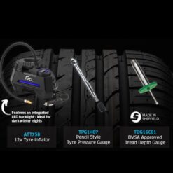 Image of the 12v tyre inflator, tread depth gauge and tyre pressure gauge on a background image of a black tyre.