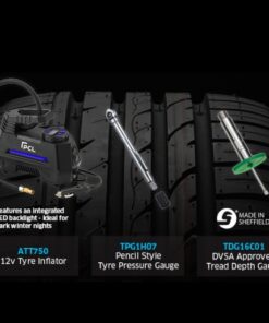 Image of the 12v tyre inflator, tread depth gauge and tyre pressure gauge on a background image of a black tyre.