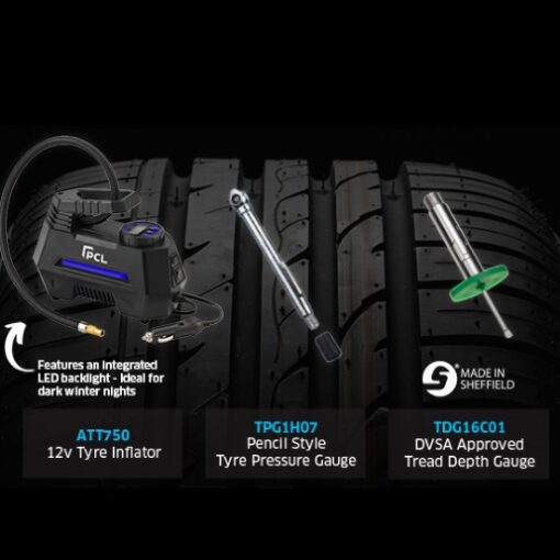 Image of the 12v tyre inflator, tread depth gauge and tyre pressure gauge on a background image of a black tyre.