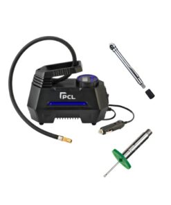 Product image with a white background showing the 12v tyre inflator, the read depth gauge and tyre pressure gauge