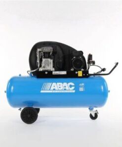 Product image of the light blue ABAC A29B 150 CM3 Compressor which has a black casing covering the belt drive and black wheels for portability.