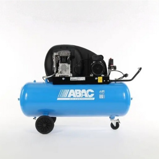 Product image of the light blue ABAC A29B 150 CM3 Compressor which has a black casing covering the belt drive and black wheels for portability.