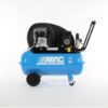 Product shot of the light blue Abac A29B 90 CM3 Portable air compressor with a black casing covering the belt drive and black wheels.
