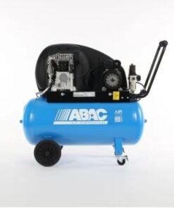 Product shot of the light blue Abac A29B 90 CM3 Portable air compressor with a black casing covering the belt drive and black wheels.