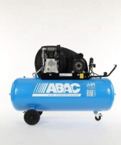 Product shot of the light blue Abac A39B 200 CM3 Belt driven compressor with 2 bigger black wheels at the back and a smaller wheel at the front for easy portability.