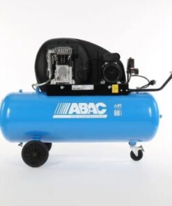 Product image with a plain background of the light blue 150 litre Abac A29B CT3 compressor with black wheels.