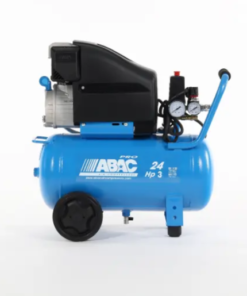 Product image with a white background of the light blue ABAC Pole position L30P Lubricated air compressor with black wheels for portability.