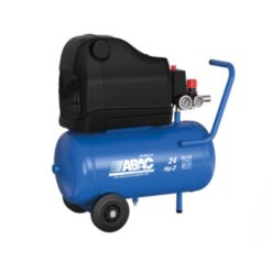 Product image with a white background of the Abac Pole Position OSS20P Piston Compressor which has a dark blue tank and black casing to protect the mechanics.
