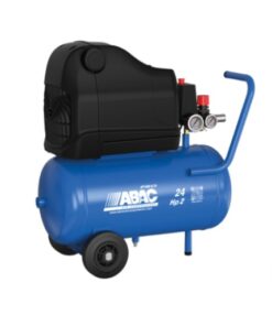 Product image with a white background of the Abac Pole Position OSS20P Piston Compressor which has a dark blue tank and black casing to protect the mechanics.