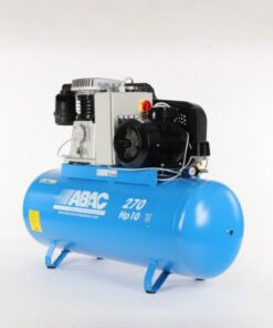 Product shot with a plain light grey background of the light blue Abac Pro B7000 270 Ft10 compressor with belt drive.