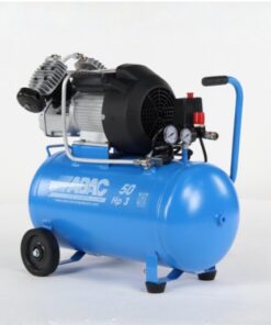 Product shot with a plain white & grey background showing the light blue portable Abac V36 Compressor with blue handle at the front.