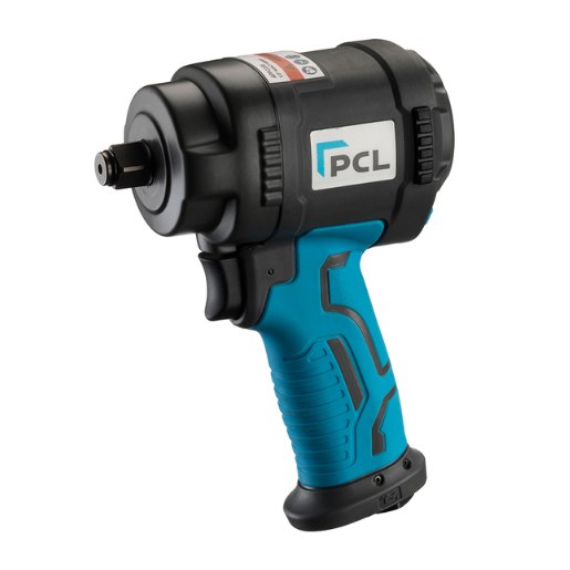 Product shot with a plain white background of the PCL Prestige Stubby Impact Wrench with 1/2” drive. The handle is light blue with the rest of the impact wrench being grey.