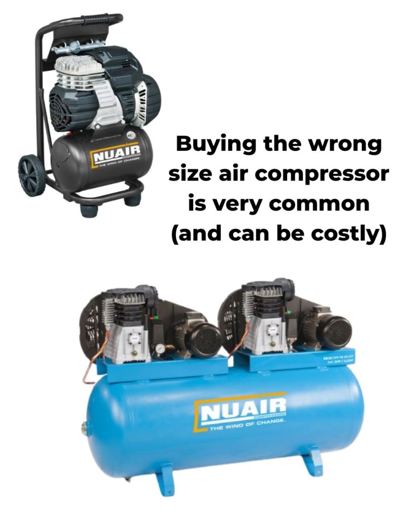 image shows a small compressor and a big compressor with the text: buying the wrong size air compressor is very common (and can be costly)