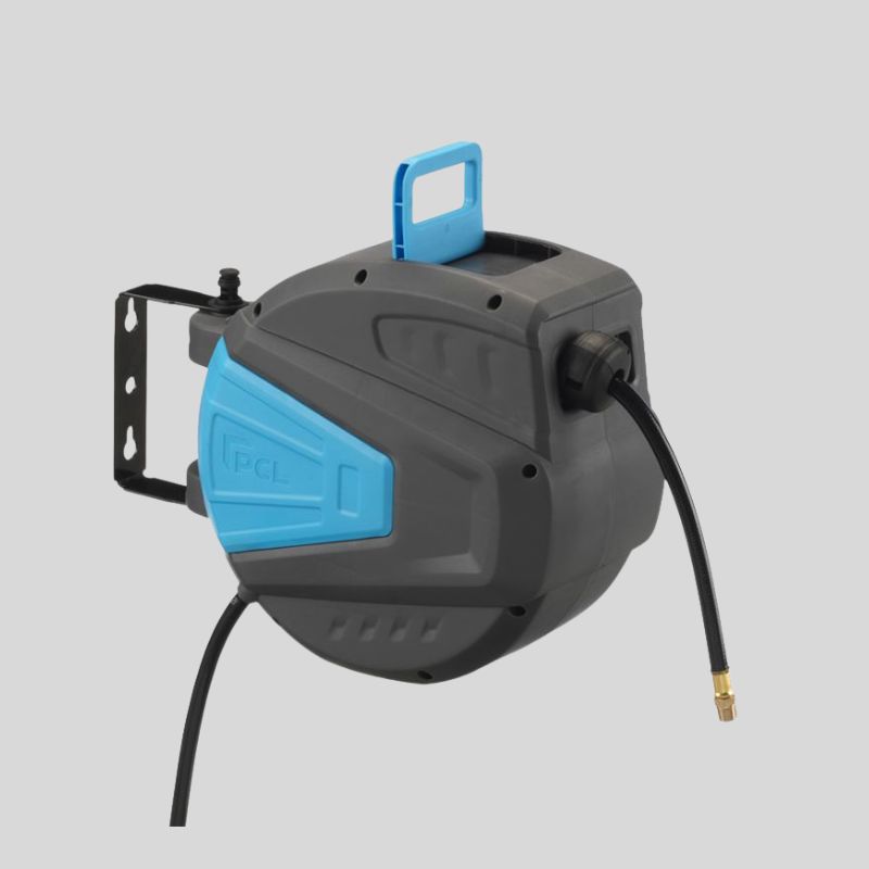 Black air hose reel in a grey and blue casing from PCL