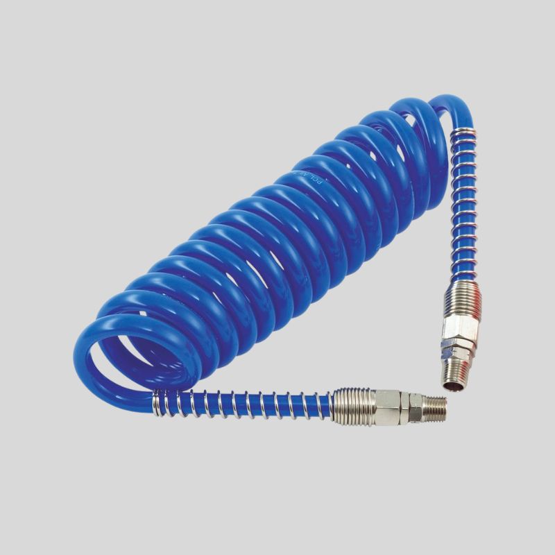 Blue coiled air hose with fittings at either end