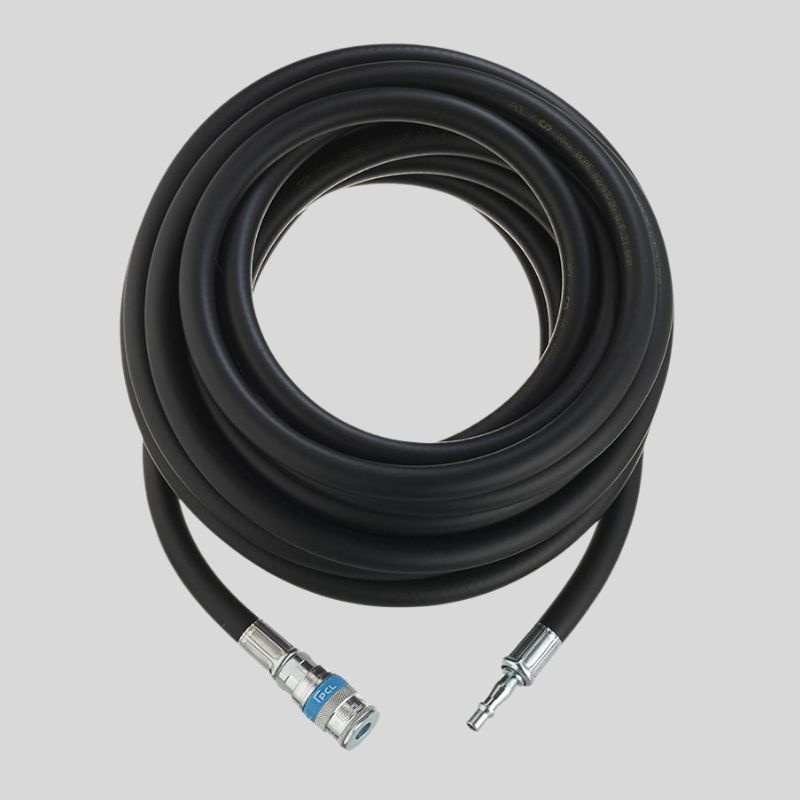 Black rubber air hose with silver couplings