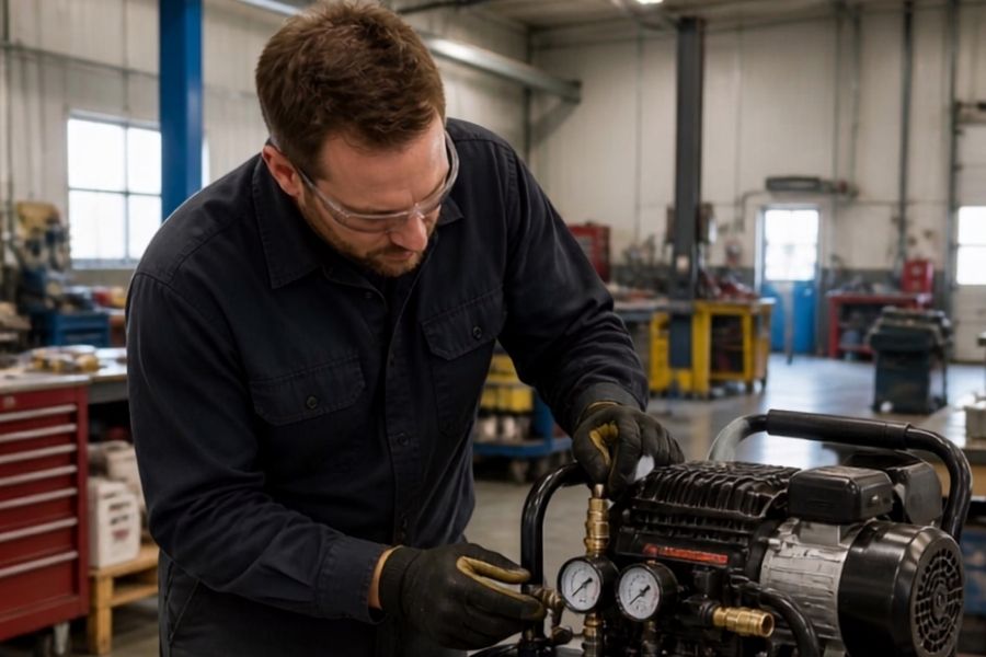 A man wearing overalls and protective goggles inspecting an air compressor